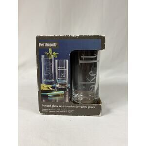 Pier 1 Frosted 11.5 oz Highball Cocktail Glasses Set Etched STIR SWIRL MIX SHAKE